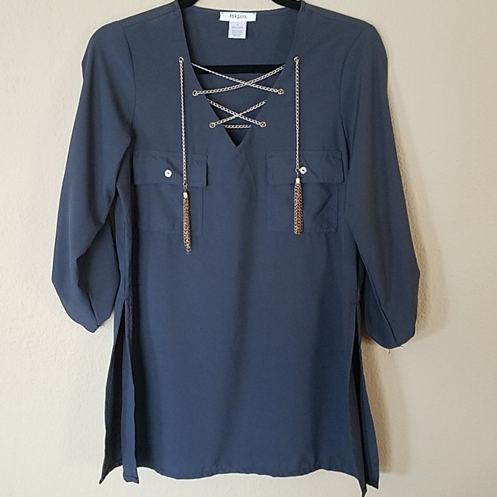 Persea top with lace up chain & gold chain tassel